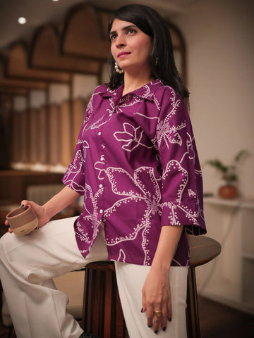 Wine Viscose Rayon Bandhani Printed Navy Blue Relex Fit Boxy Shirt Style Top