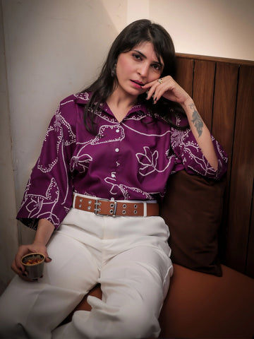 Wine Bandhani print relaxed fit boxy shirt — front view | Youthnic