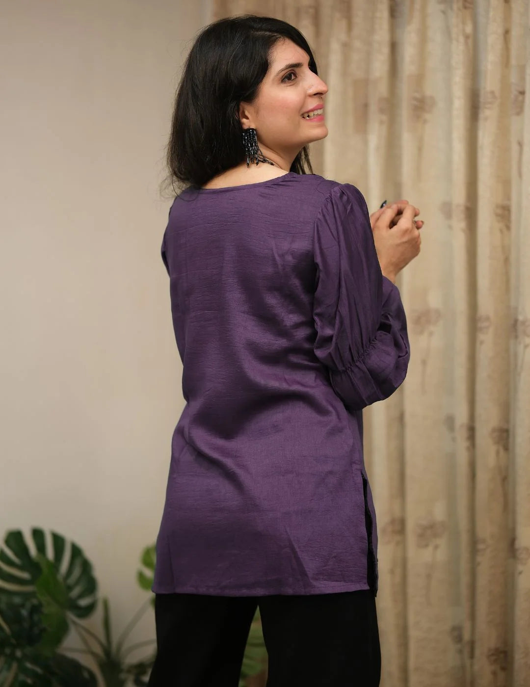 Lavendar Cotton Silk Embroidered Straight Short Kurti