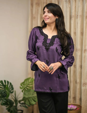 Lavendar Cotton Silk Embroidered Straight Short Kurti