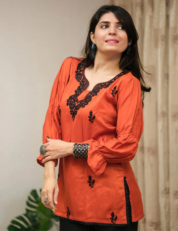 Orange Cotton Silk Embroidered Straight Short Kurti