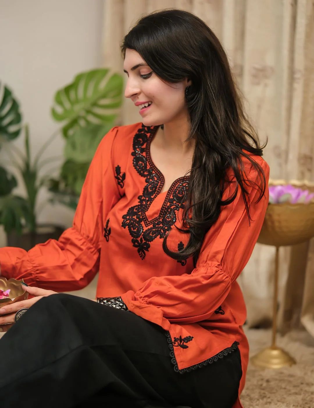 Orange Cotton Silk Embroidered Straight Short Kurti