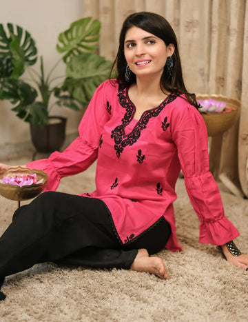 Pink Cotton Silk Embroidered Straight Short Kurti