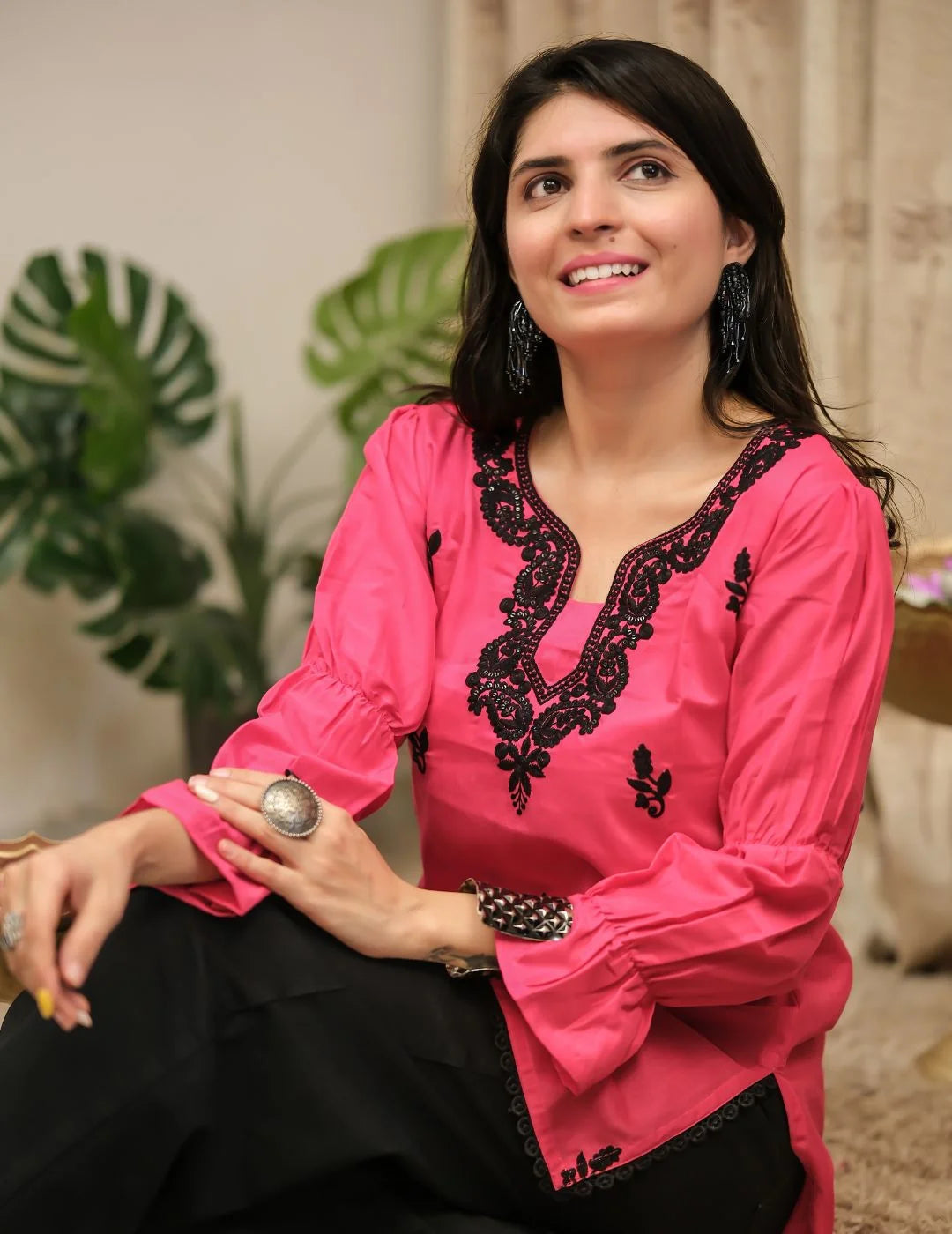 Pink Cotton Silk Embroidered Straight Short Kurti