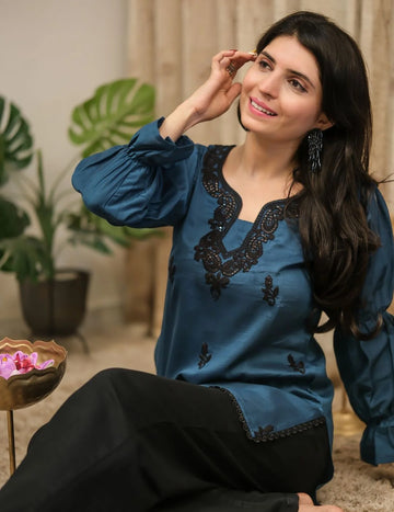 Teal Cotton Silk Embroidered Straight Short Kurti