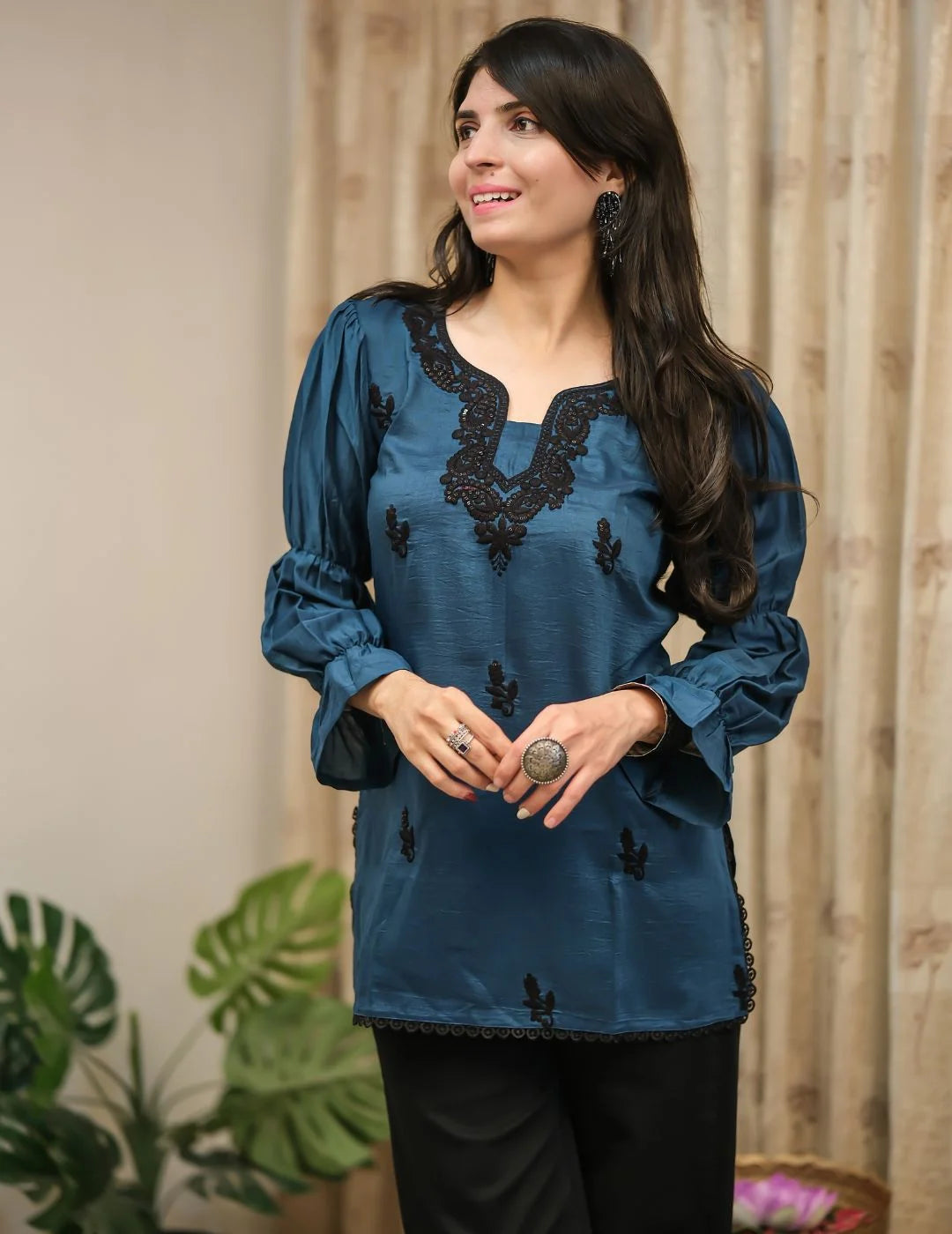 Teal Cotton Silk Embroidered Straight Short Kurti