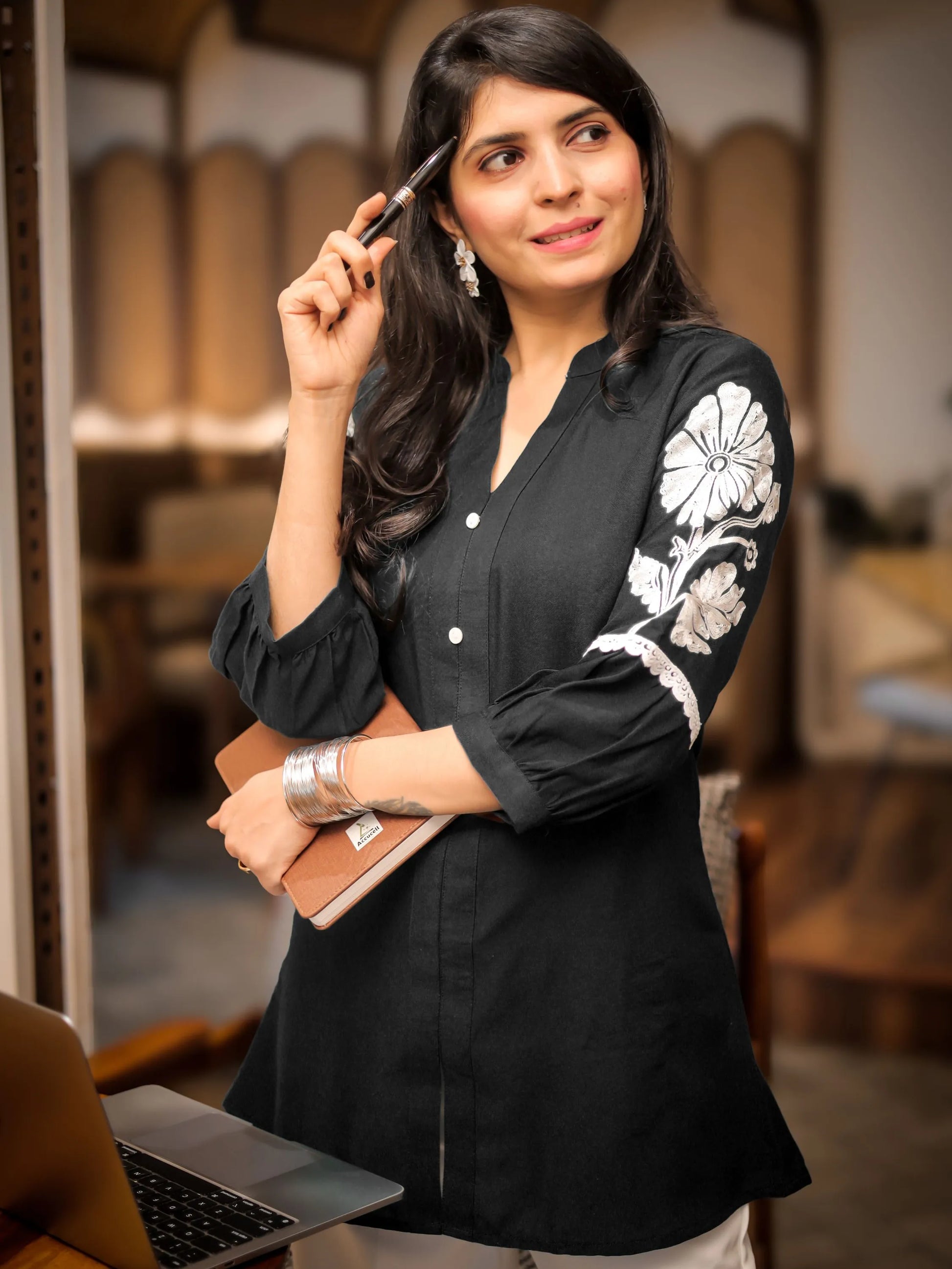 Black rayon embroidered straight peplum top — front view | Youthnic