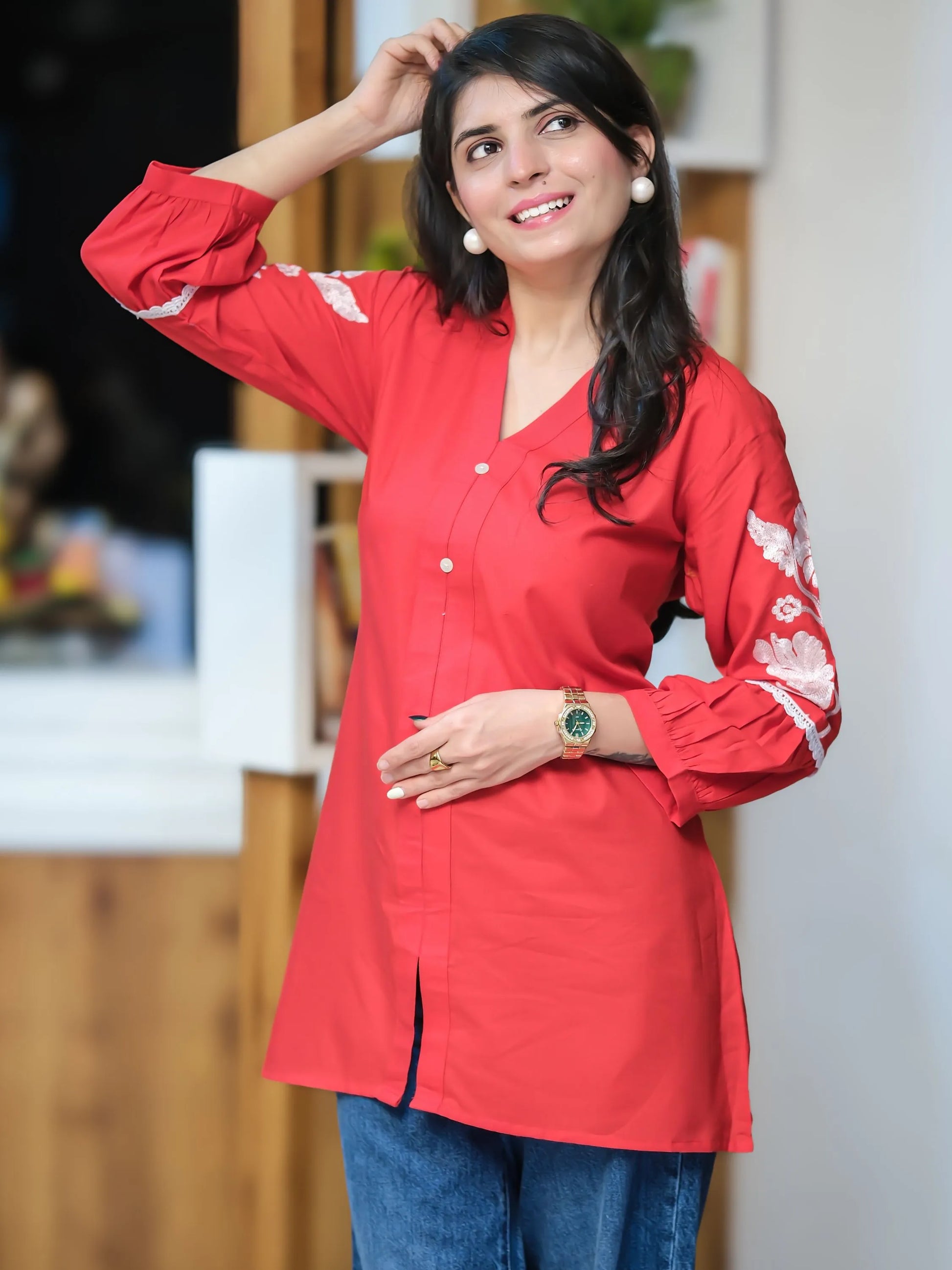 Red rayon peplum top — back view | Youthnic