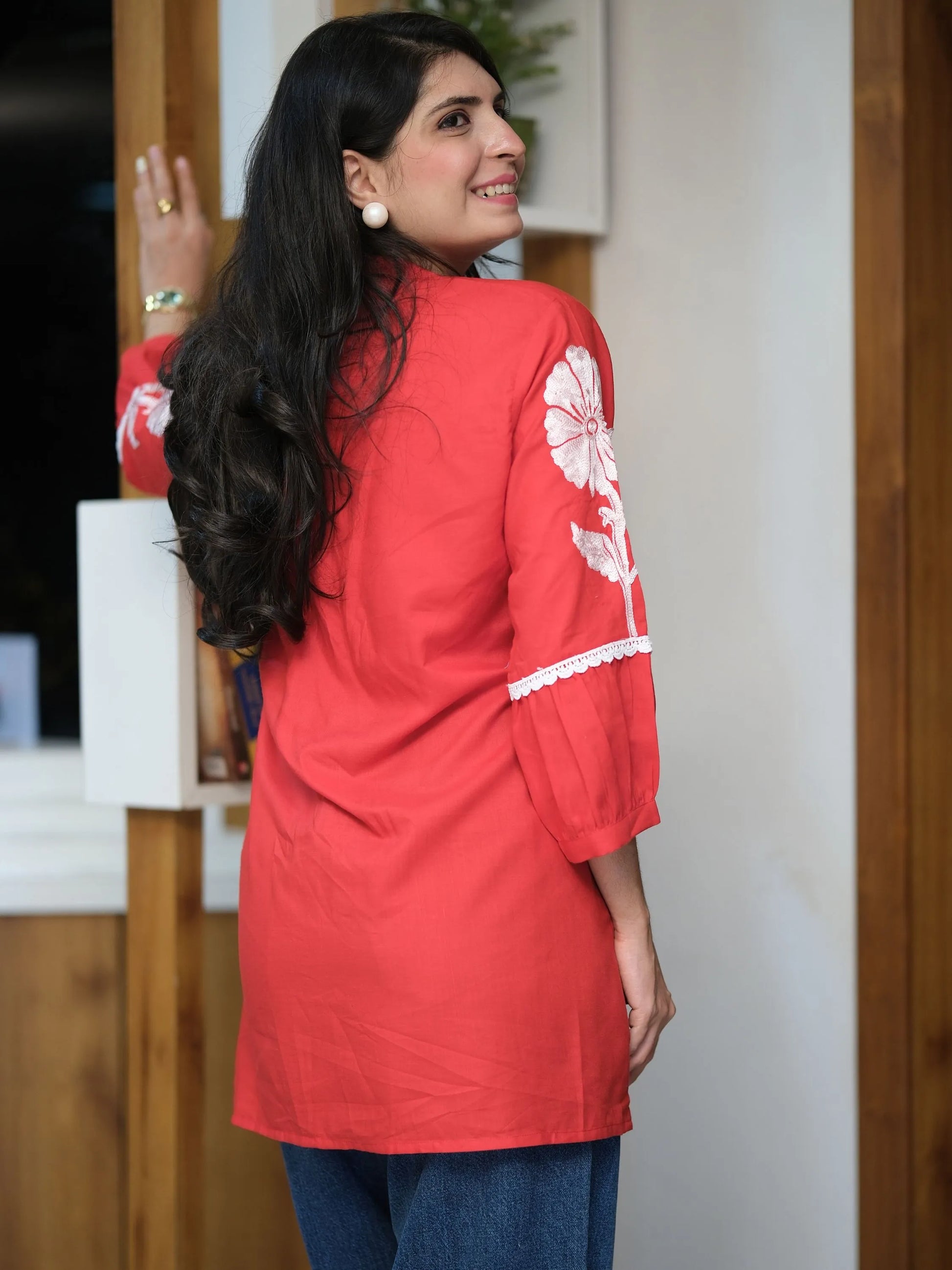 Red rayon peplum top — styled with jeans | Youthnic