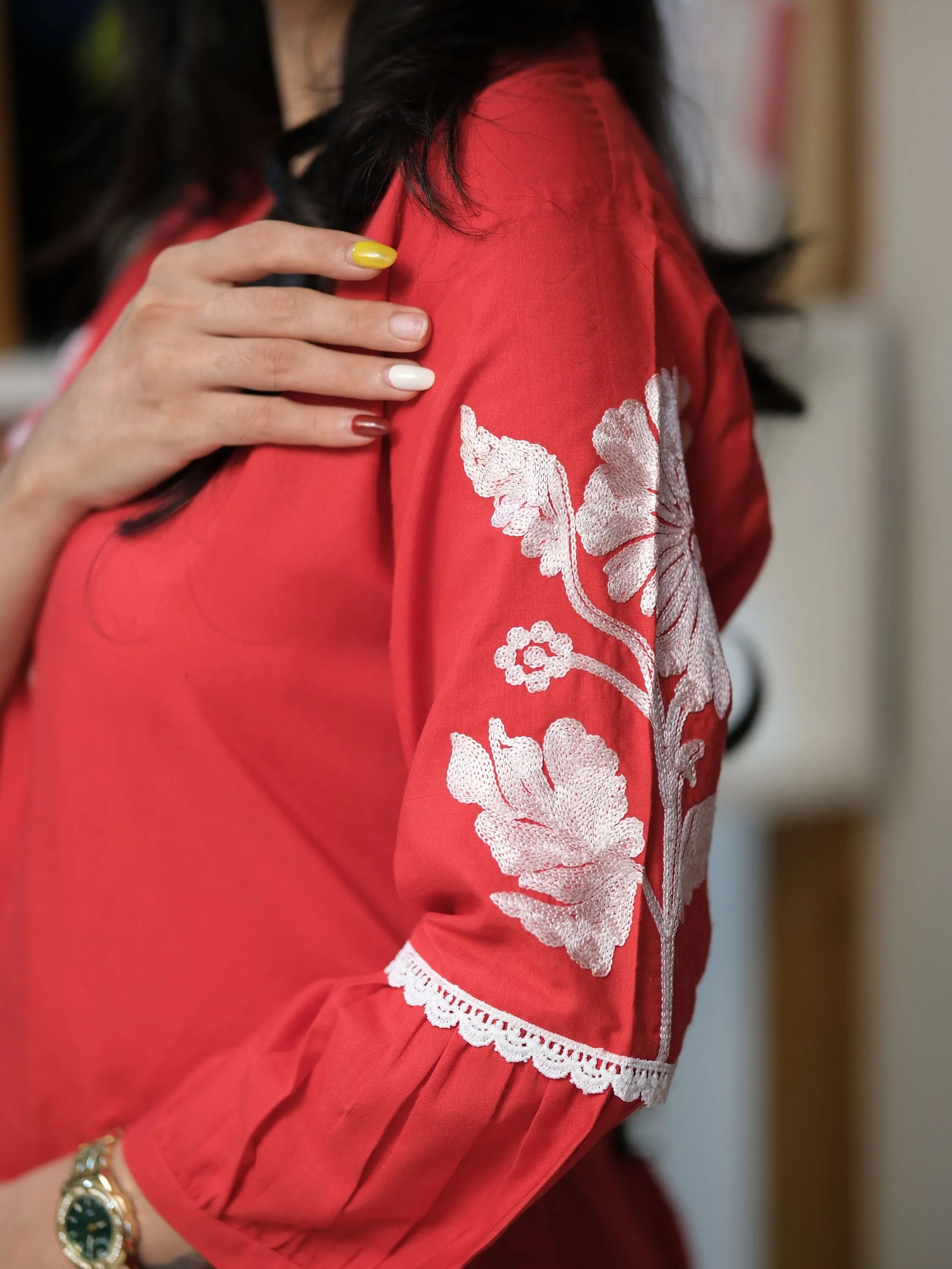 Red rayon peplum top — full length view | Youthnic