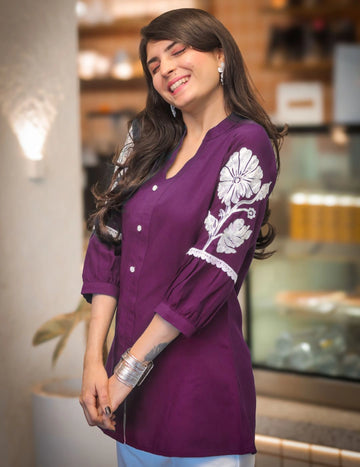 Wine rayon embroidered straight peplum top — front view | Youthnic