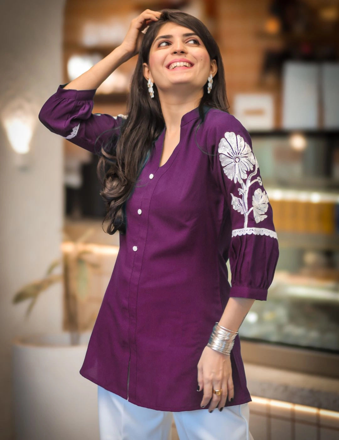 Wine rayon peplum top — side view | Youthnic