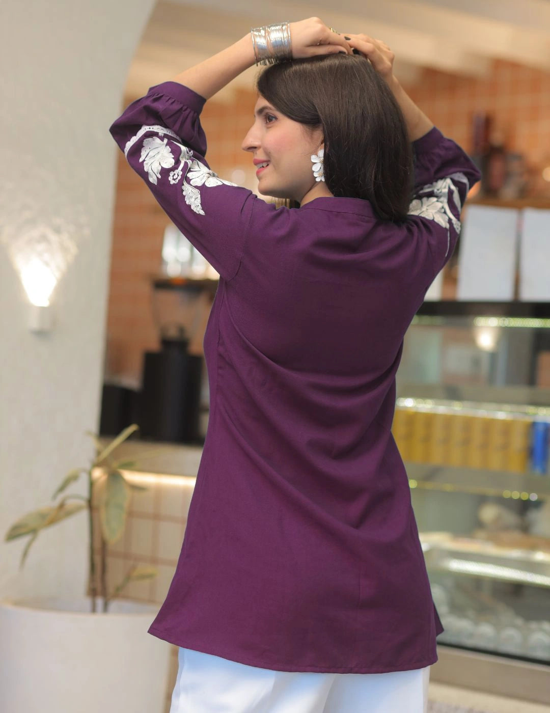 Wine rayon peplum top — sleeve embroidery close-up | Youthnic