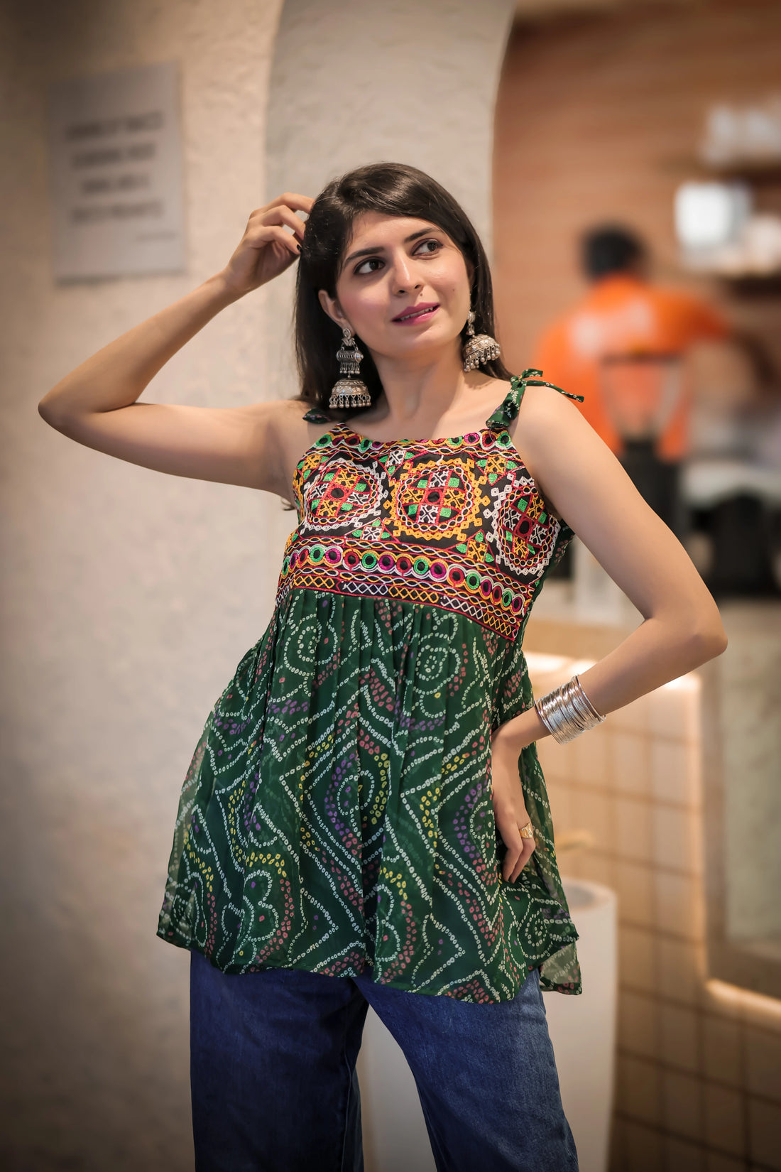Green Georgette Bandhani Shoulder Knot Flared Short Tunic Top