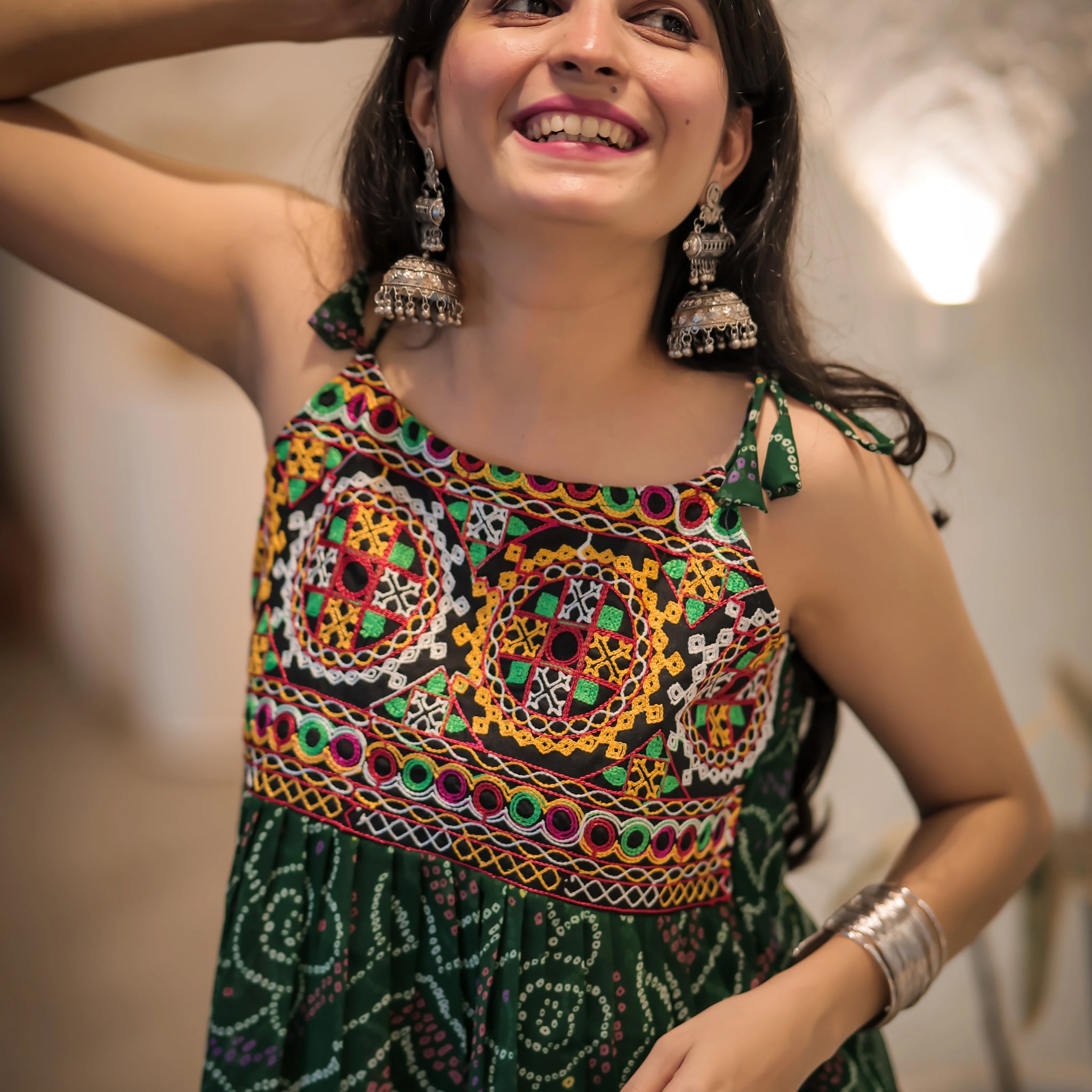 Green Georgette Bandhani Shoulder Knot Flared Short Tunic Top