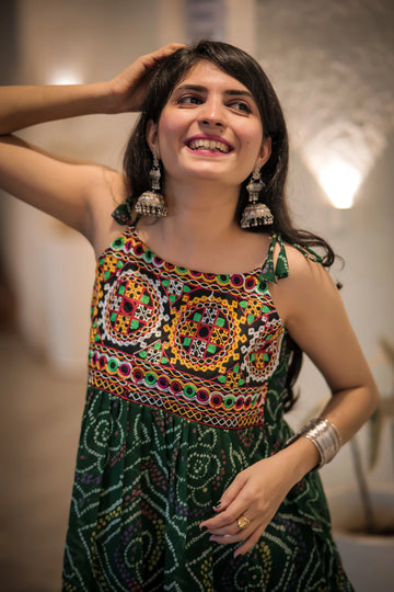 Green Georgette Bandhani Shoulder Knot Flared Short Tunic Top