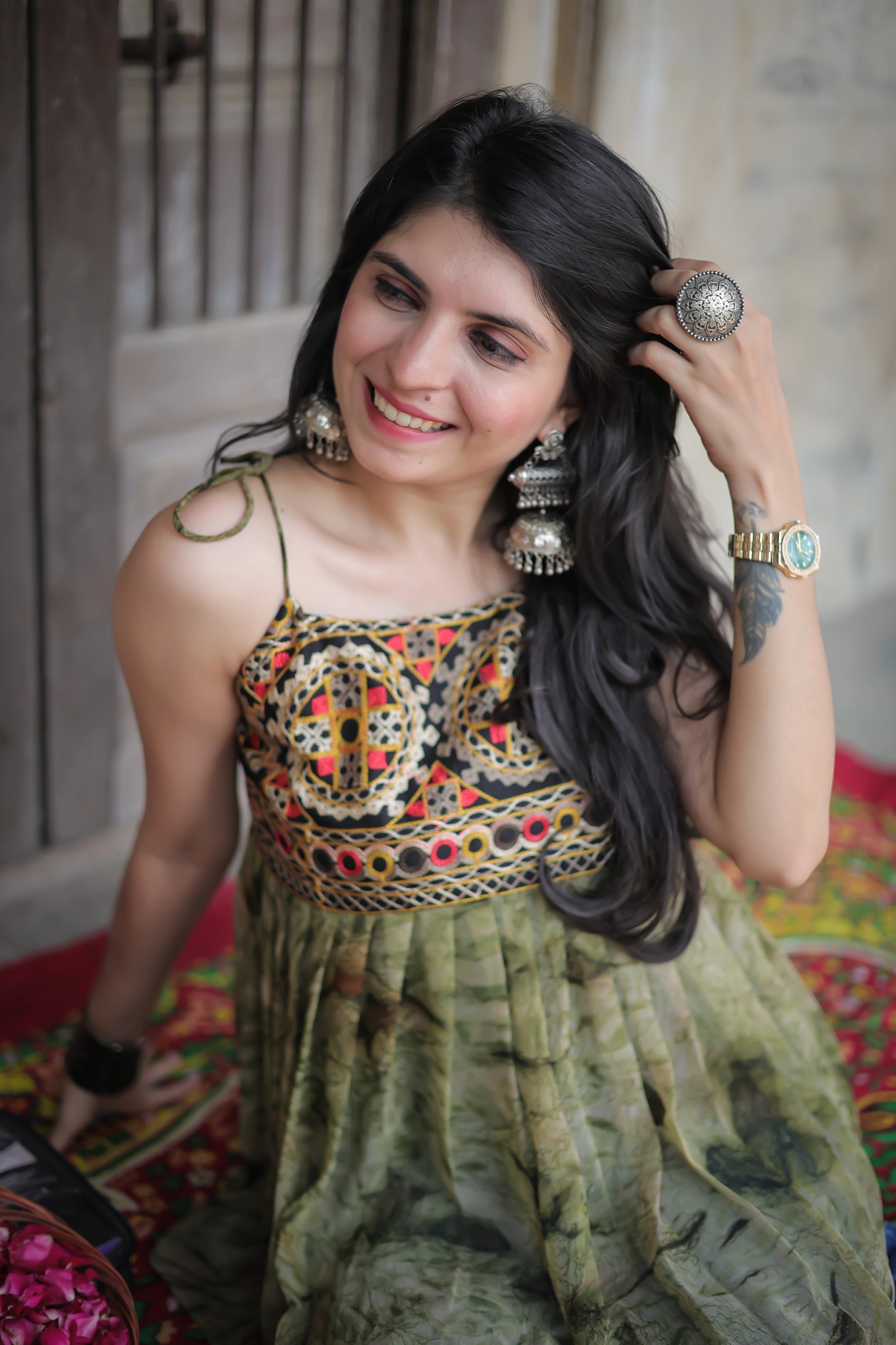 Green georgette embroidered shoulder knot flared short kurti — full length view | Youthnic