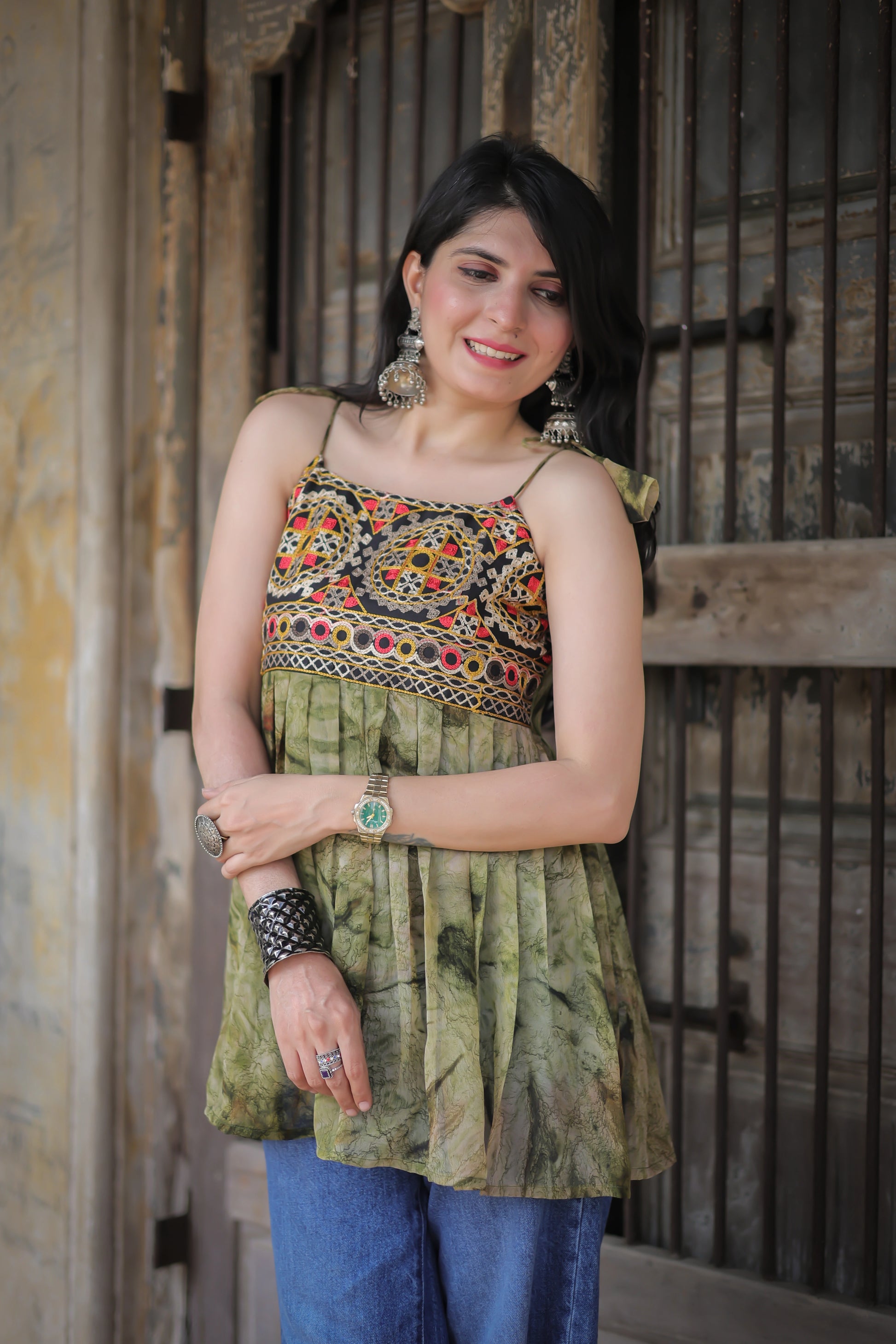 Green georgette shoulder knot kurti — shoulder knot close-up | Youthnic