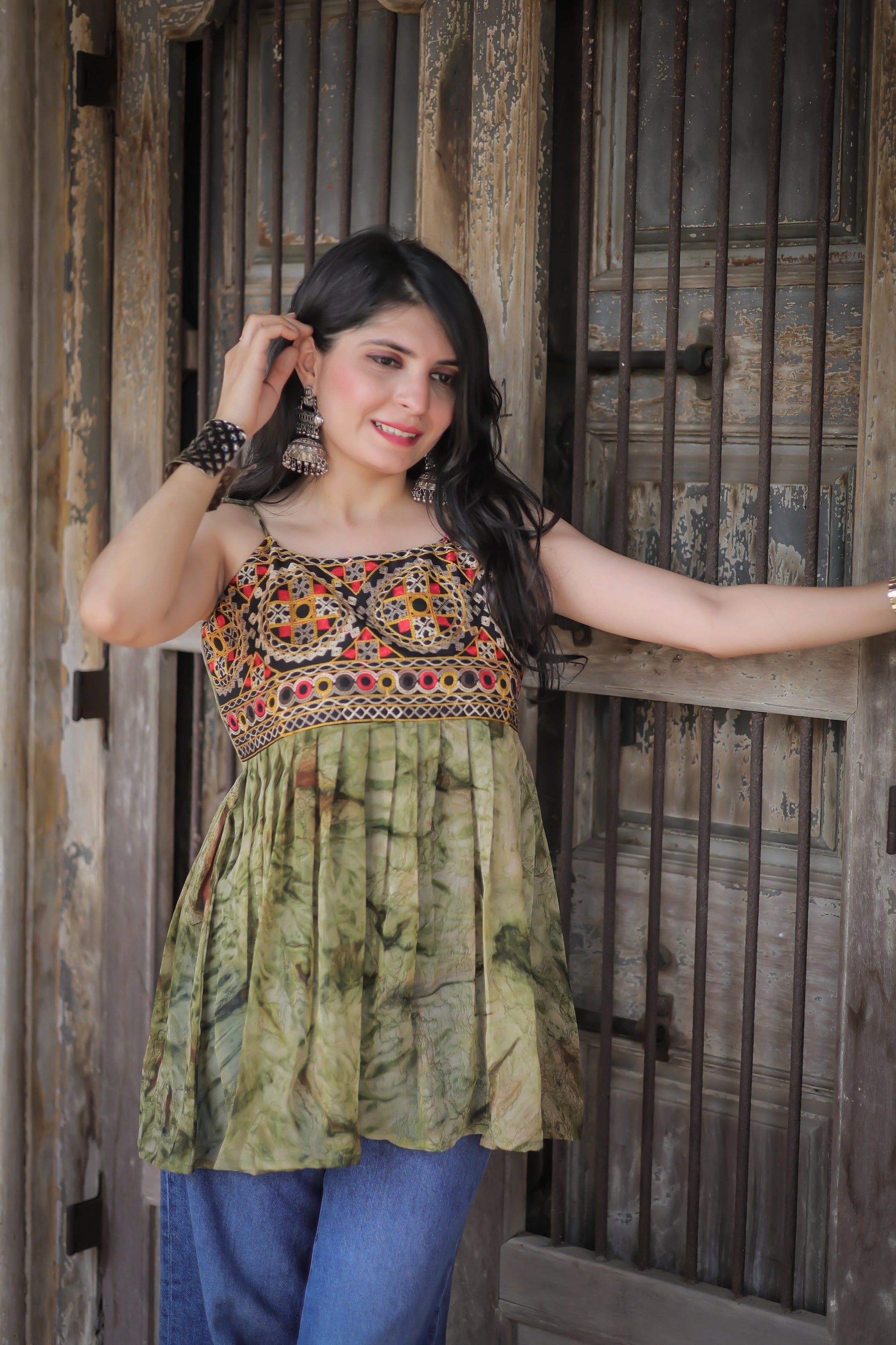 Green georgette shoulder knot kurti — A-line flare detail | Youthnic