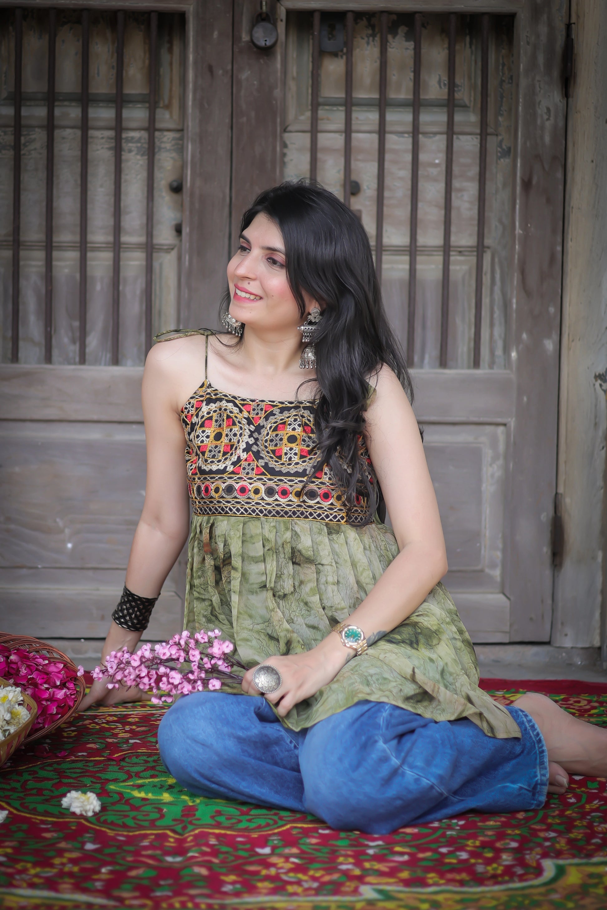 Green georgette shoulder knot kurti — embroidery close-up | Youthnic