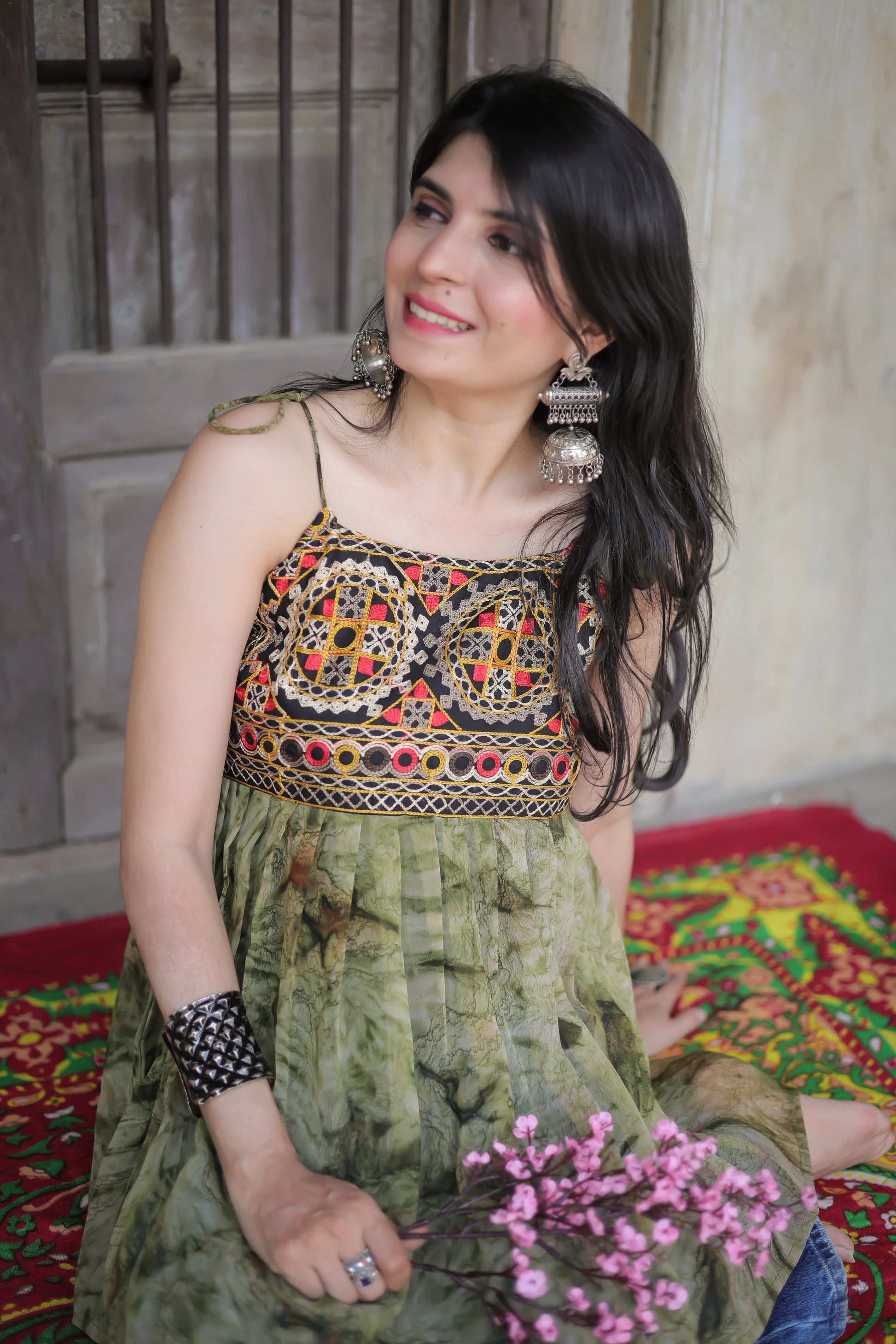 Green georgette embroidered kurti — back view | Youthnic