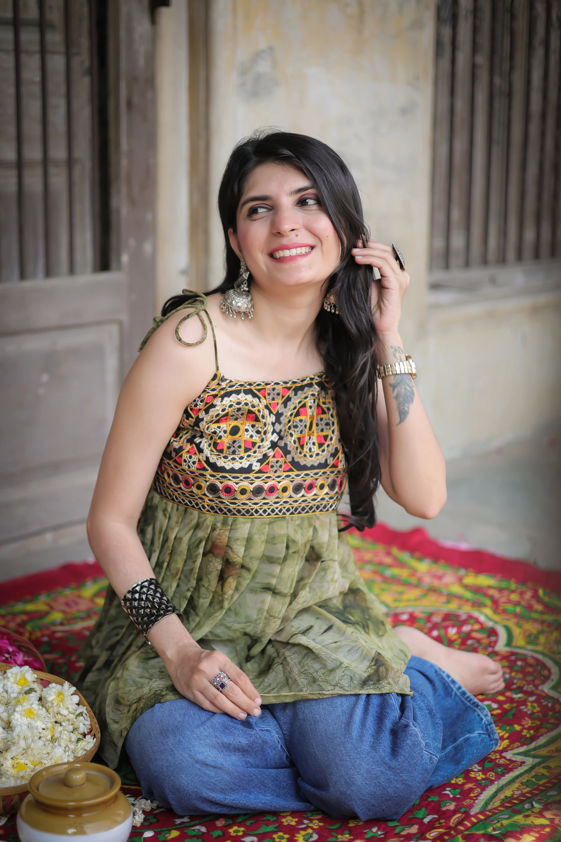 Green Georgette Embroidered Shoulder Knot Flared Short Kurti