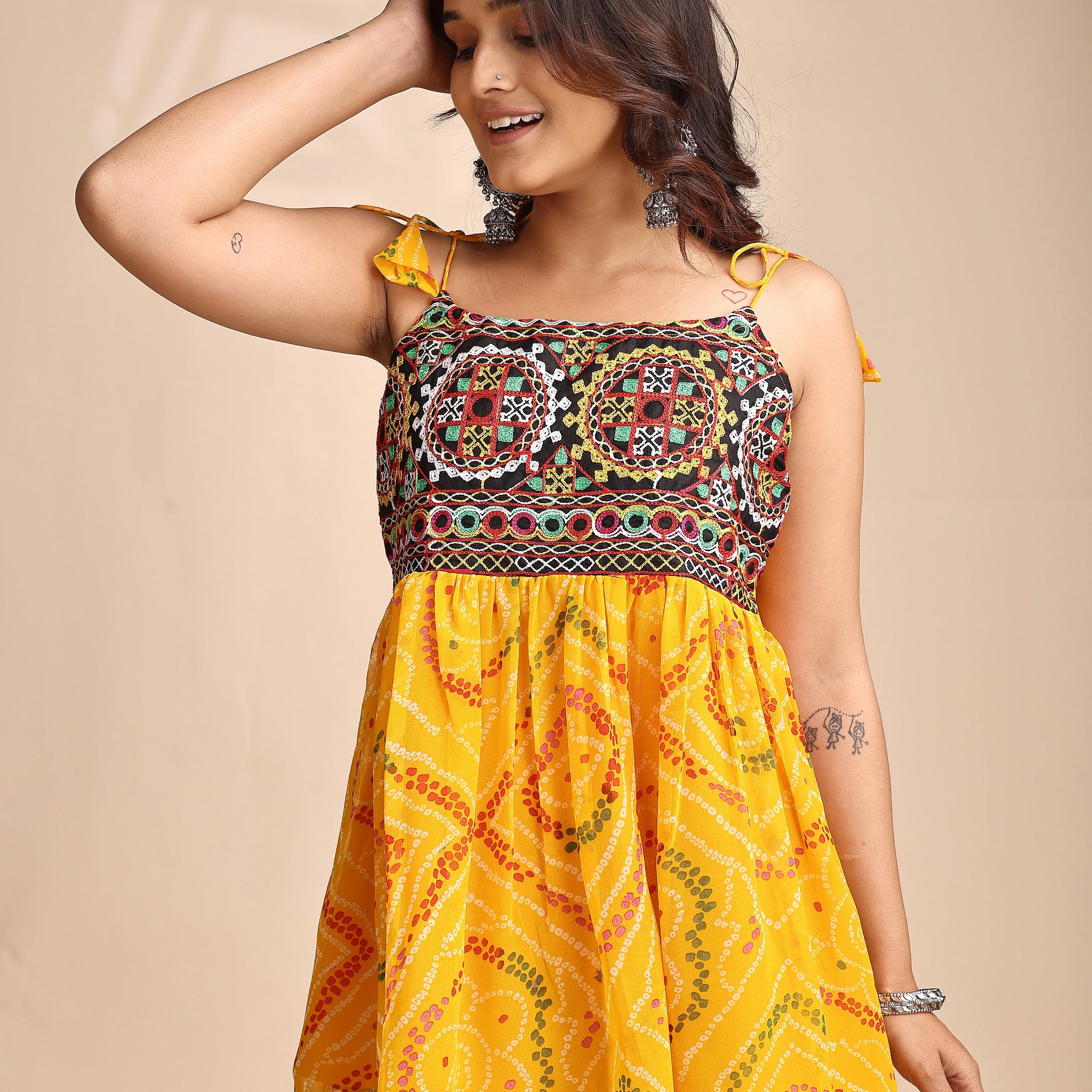 Mustard Georgette Bandhani Shoulder Knot Flared Navratri Special Short Kurti