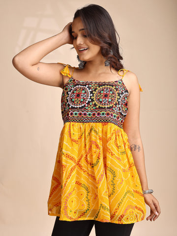 Mustard Georgette Bandhani Shoulder Knot Flared Navratri Special Short Kurti