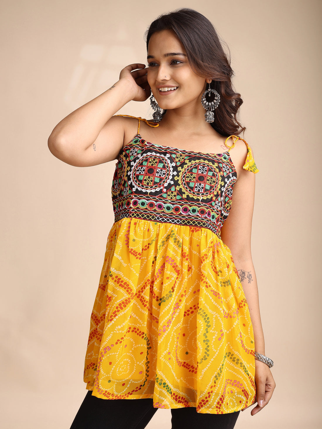 Mustard Georgette Bandhani Shoulder Knot Flared Navratri Special Short Kurti