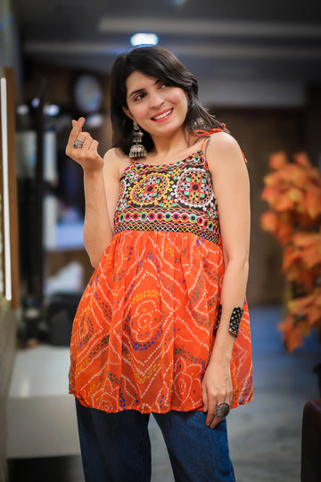 Orange Georgette Bandhani Shoulder Knot Flared Short Kurti