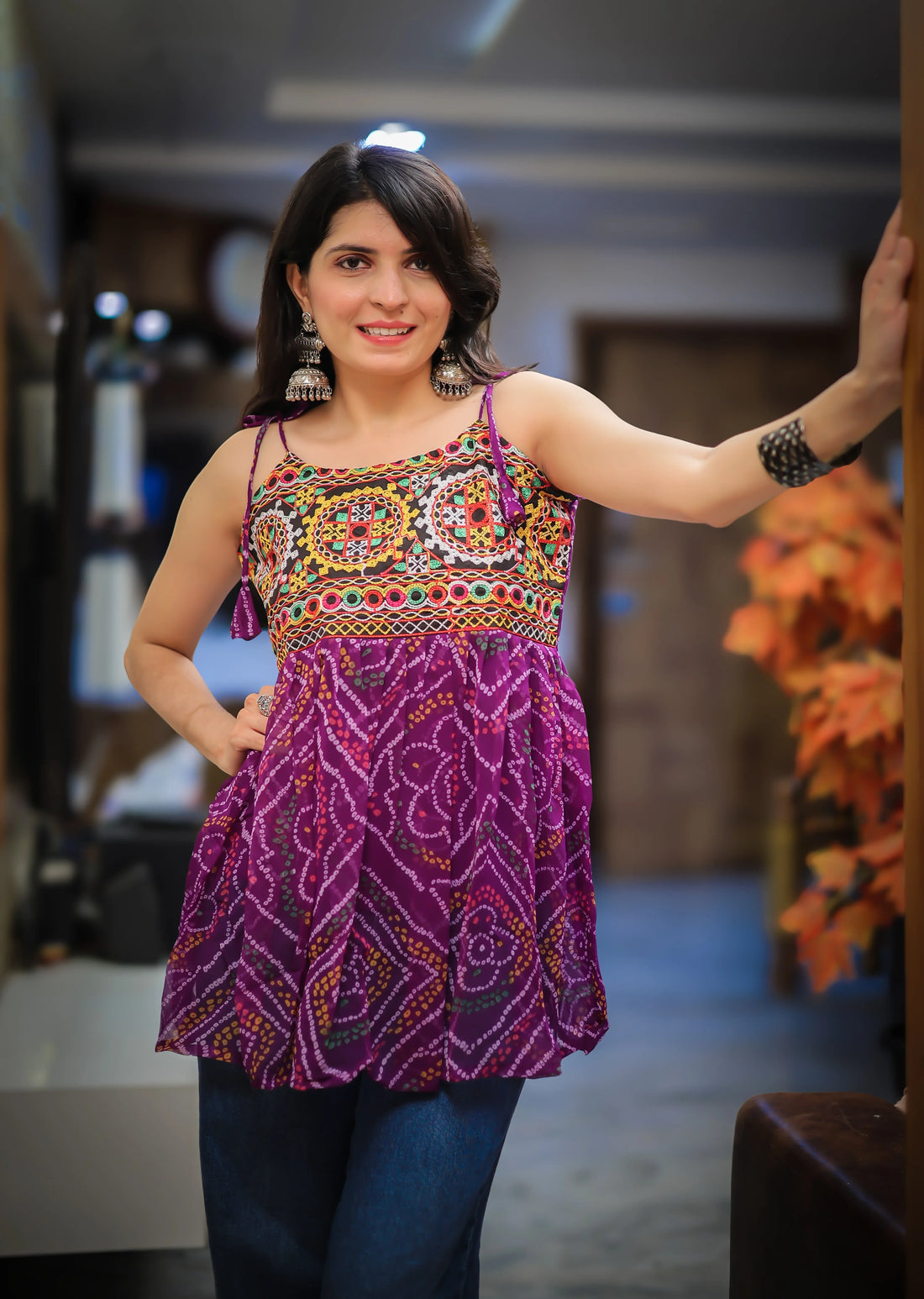 Purple Georgette Bandhani Shoulder Knot Flared Short Kurti