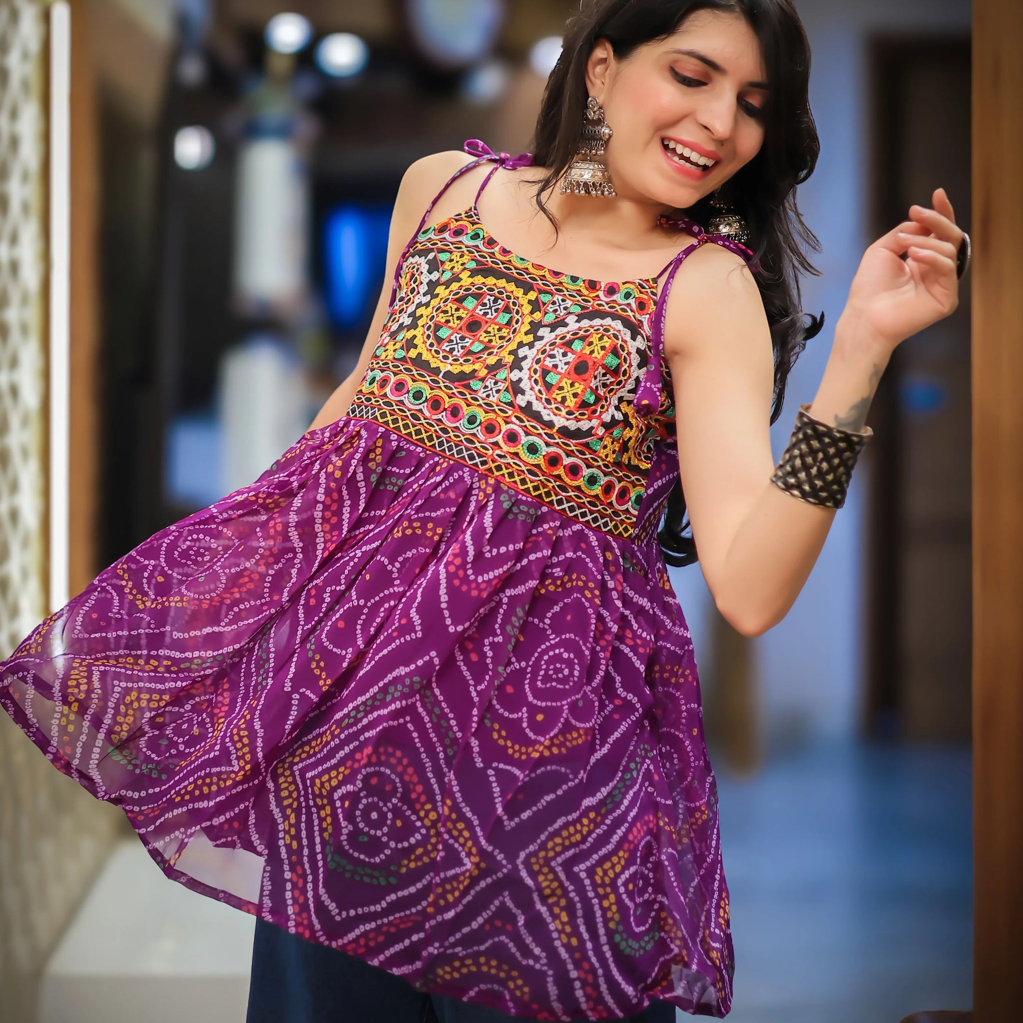 Purple Georgette Bandhani Shoulder Knot Flared Short Kurti