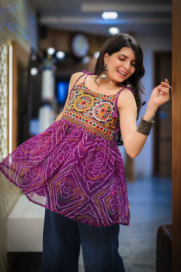 Purple Georgette Bandhani Shoulder Knot Flared Short Kurti
