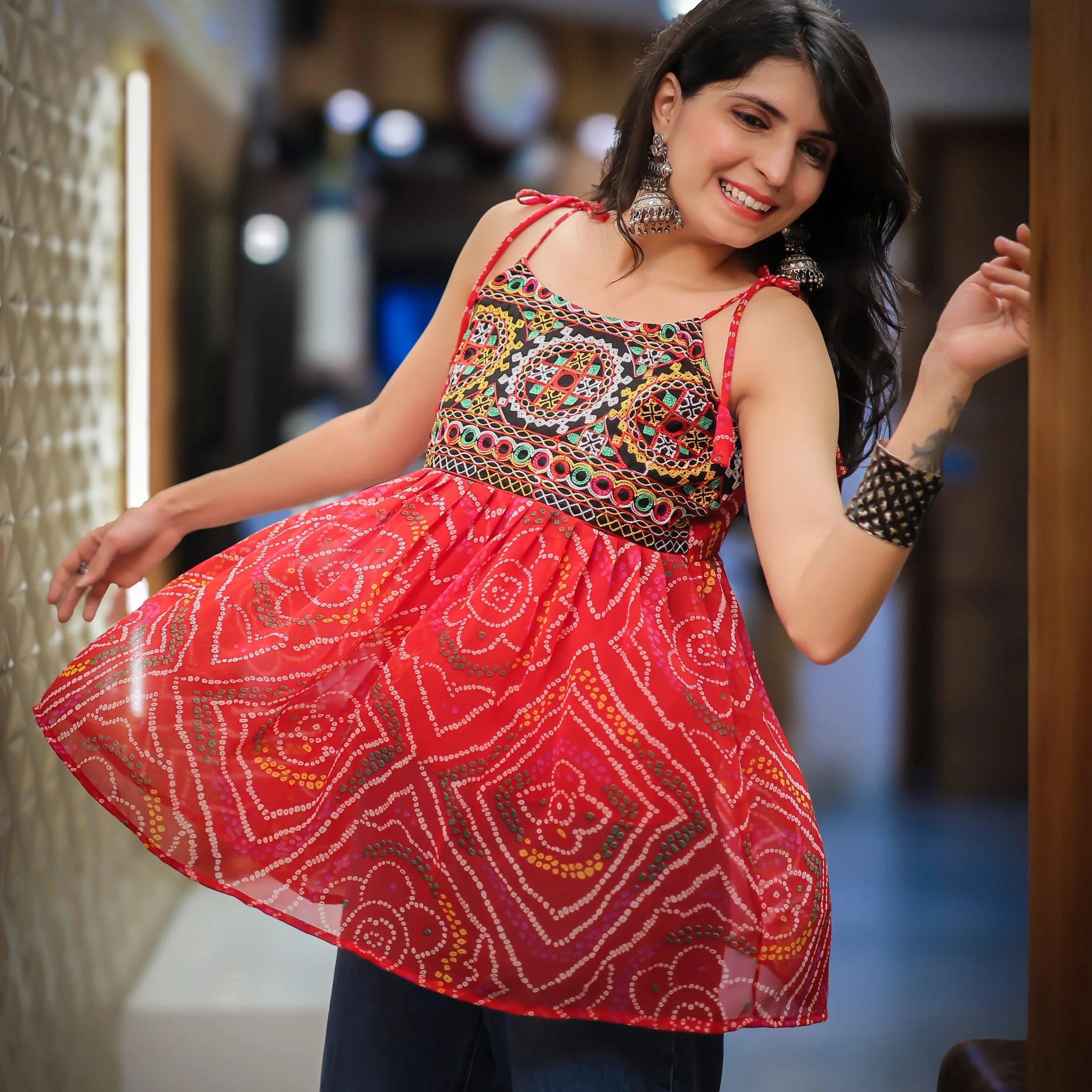 Red Georgette Bandhani Shoulder Knot Flared Short Kurti
