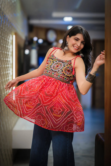 Red Georgette Bandhani Shoulder Knot Flared Short Kurti
