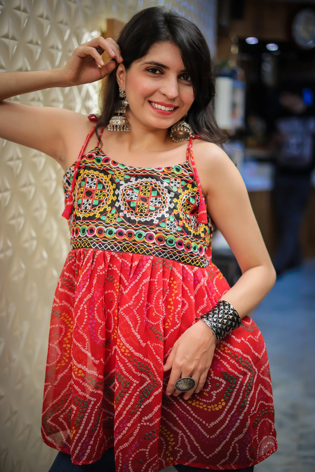 Red Georgette Bandhani Shoulder Knot Flared Short Kurti