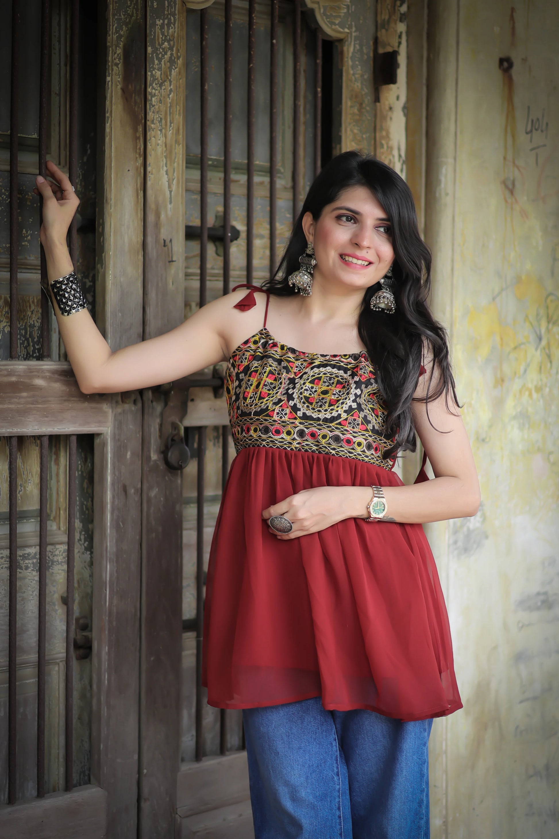 Rust georgette shoulder knot kurti — back view | Youthnic