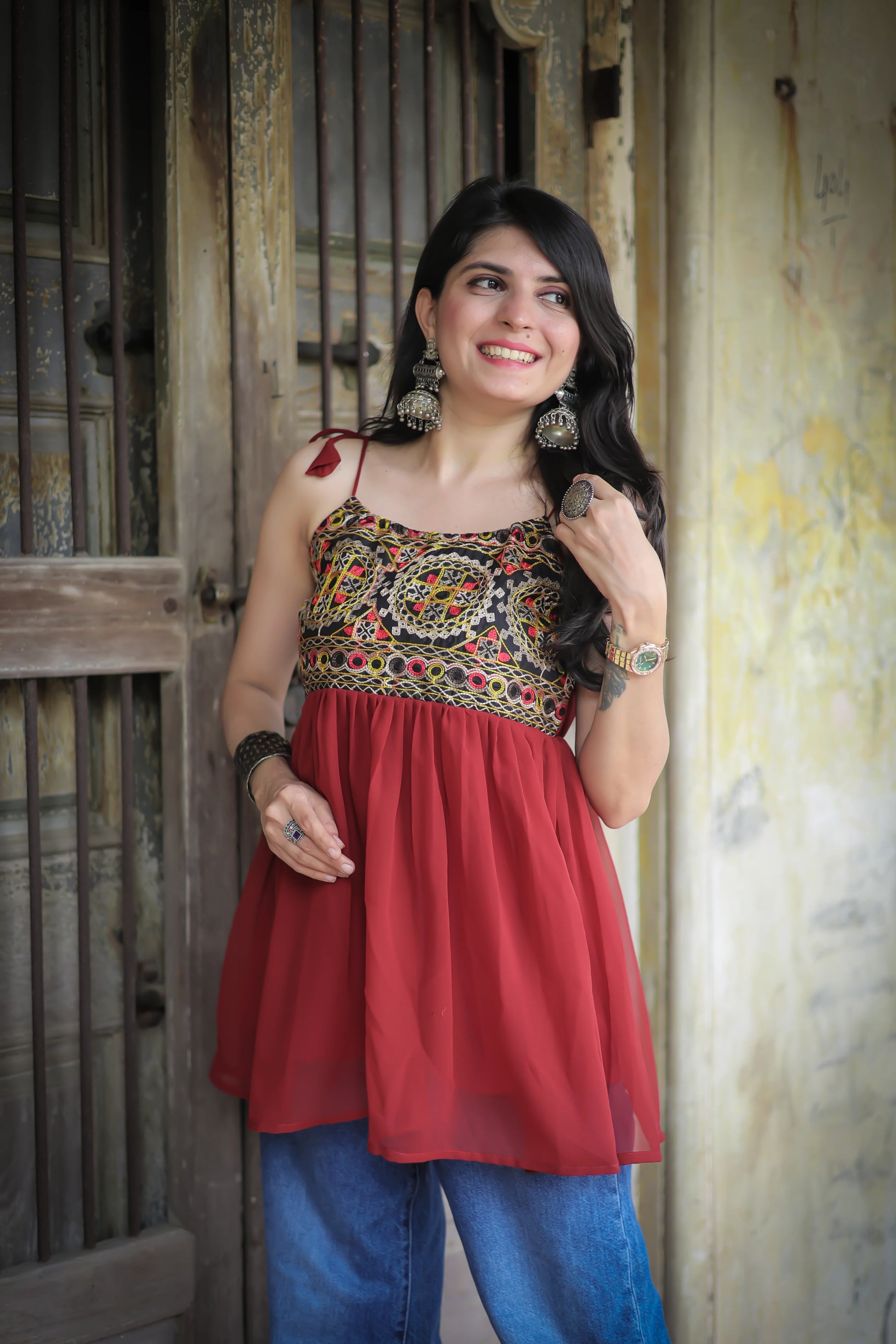 Rust georgette shoulder knot kurti — side view | Youthnic