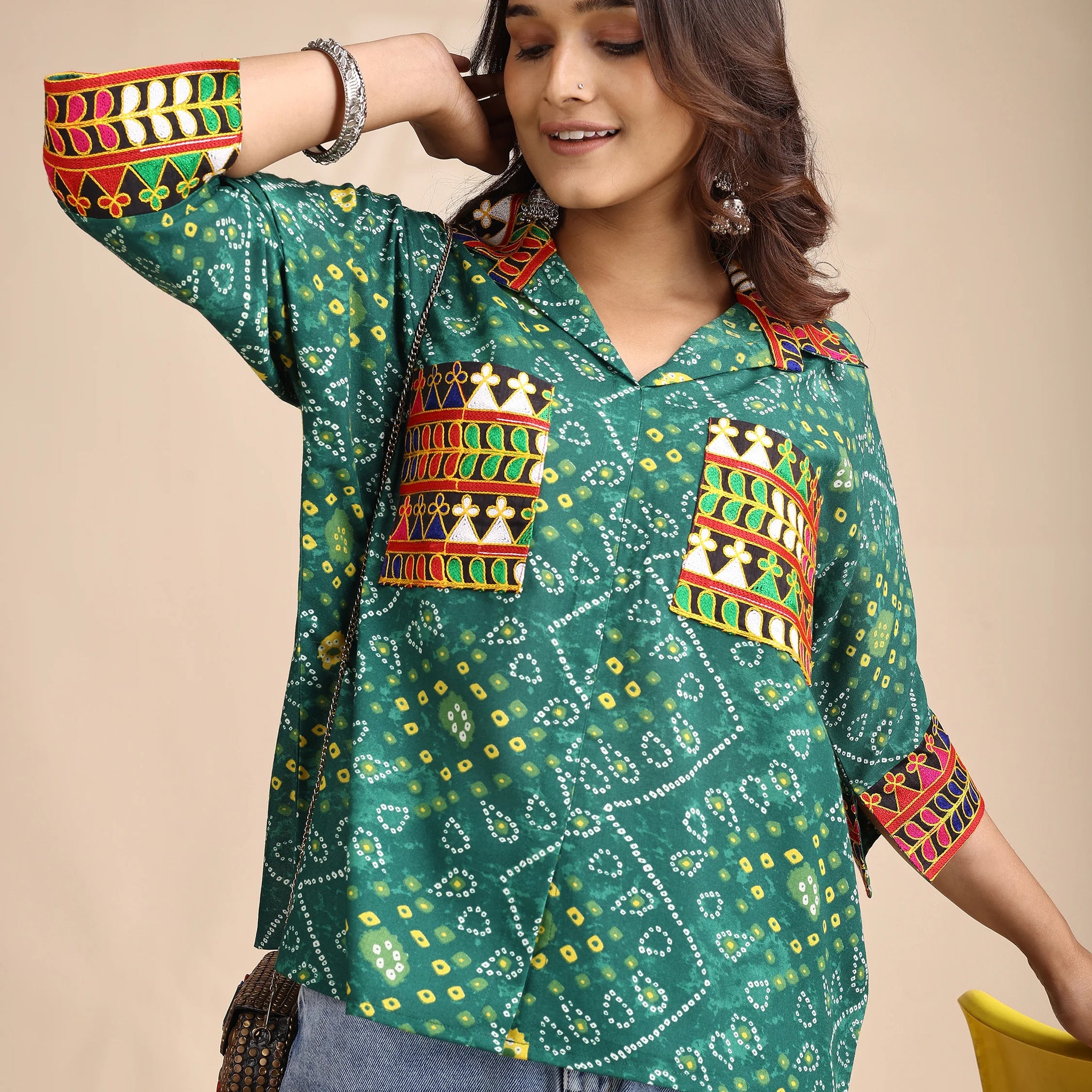Green Cotton Blend Bandhani print and Embroidered Relex fit Pocket Boxy Shirt Style Top