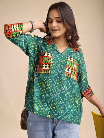 Green Cotton Blend Bandhani print and Embroidered Relex fit Pocket Boxy Shirt Style Top