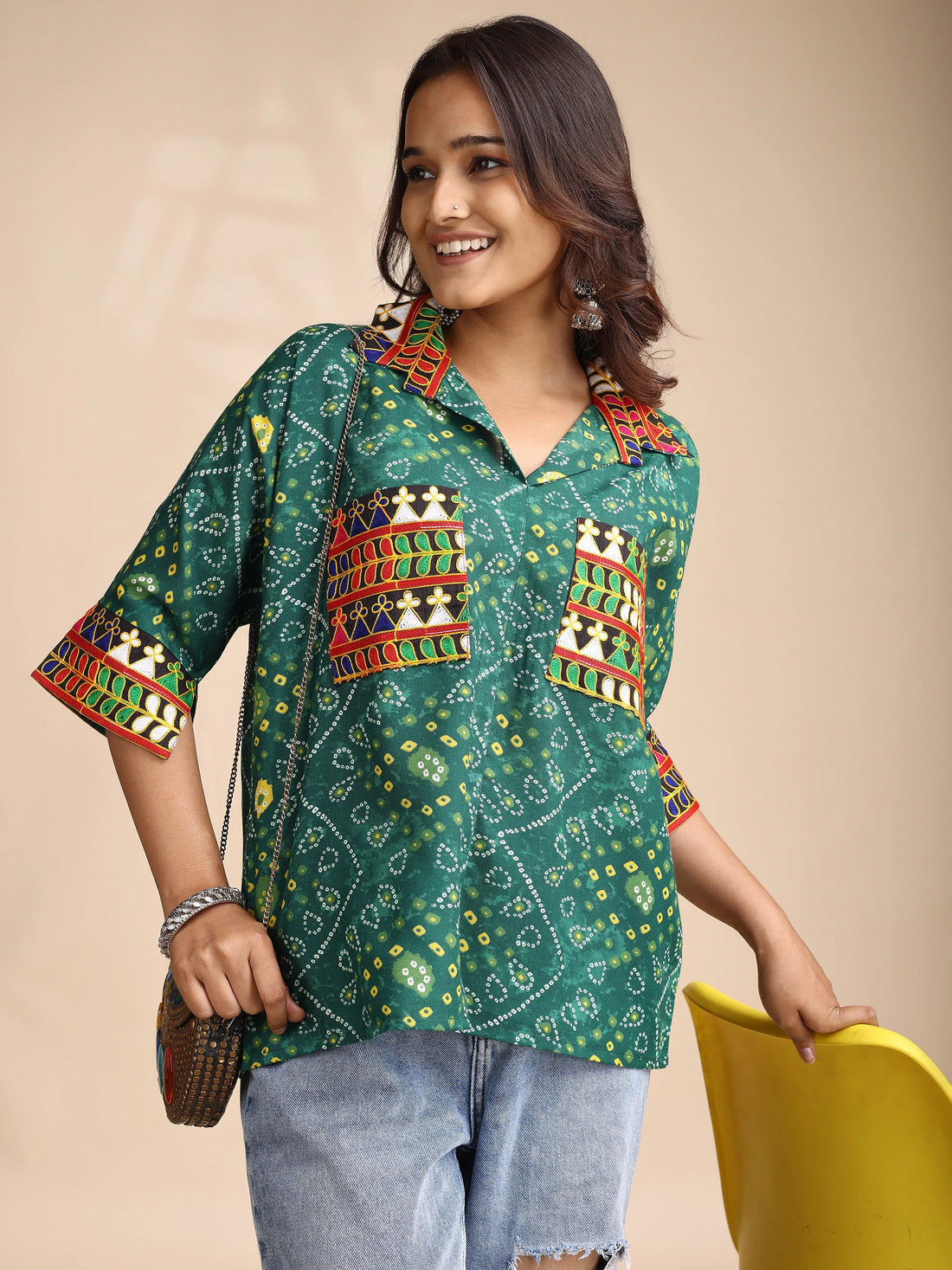 Green Cotton Blend Bandhani print and Embroidered Relex fit Pocket Boxy Shirt Style Top