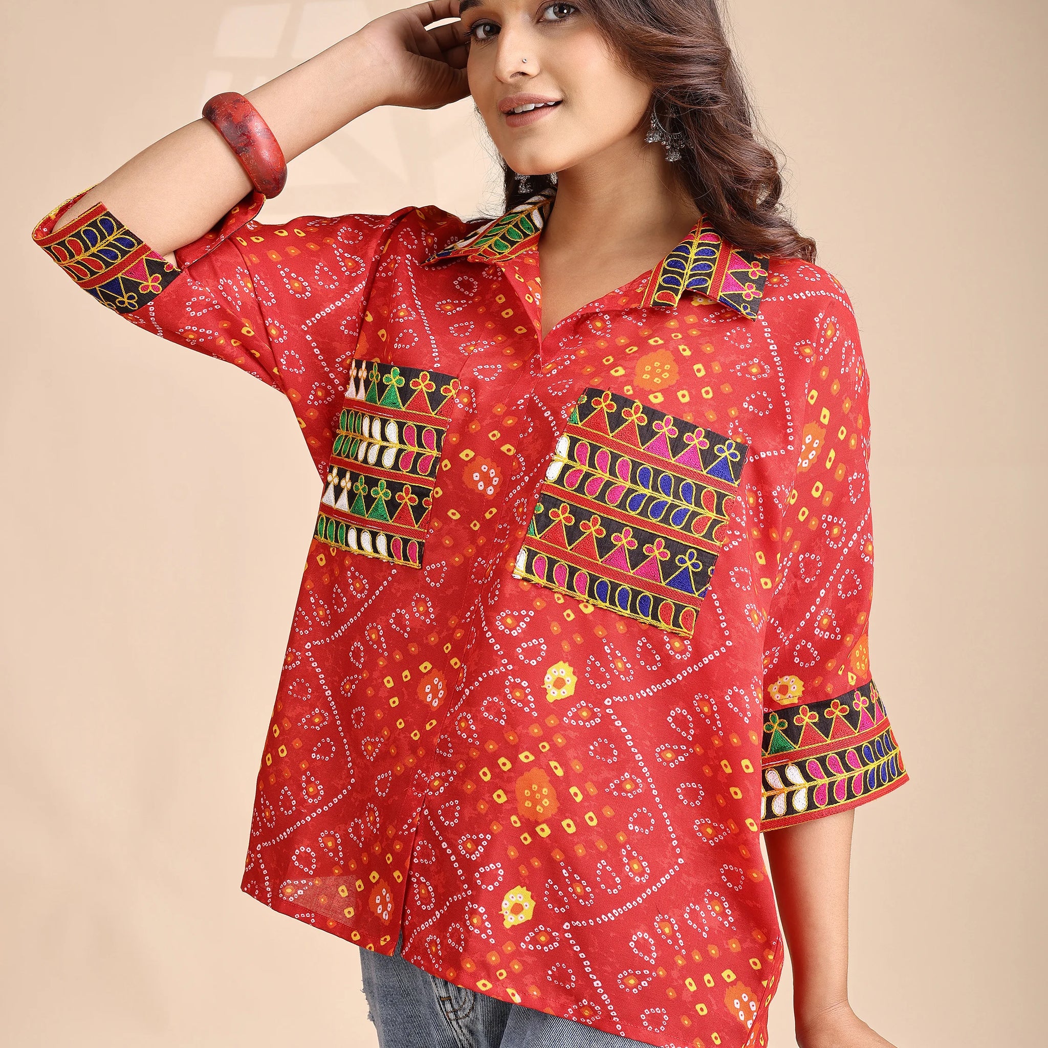 Red Cotton Blend Bandhani print and Embroidered Relex fit Pocket Boxy Shirt Style Top
