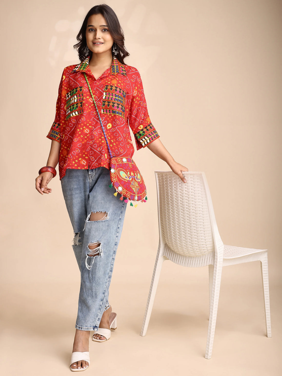 Red Cotton Blend Bandhani print and Embroidered Relex fit Pocket Boxy Shirt Style Top