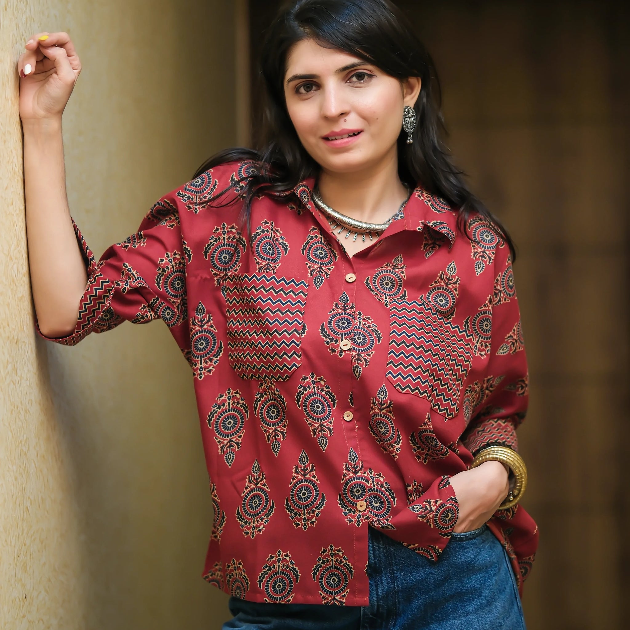 Rust Cotton Blend Printed Shirt Style Top