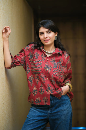 Rust Cotton Blend Printed Shirt Style Top