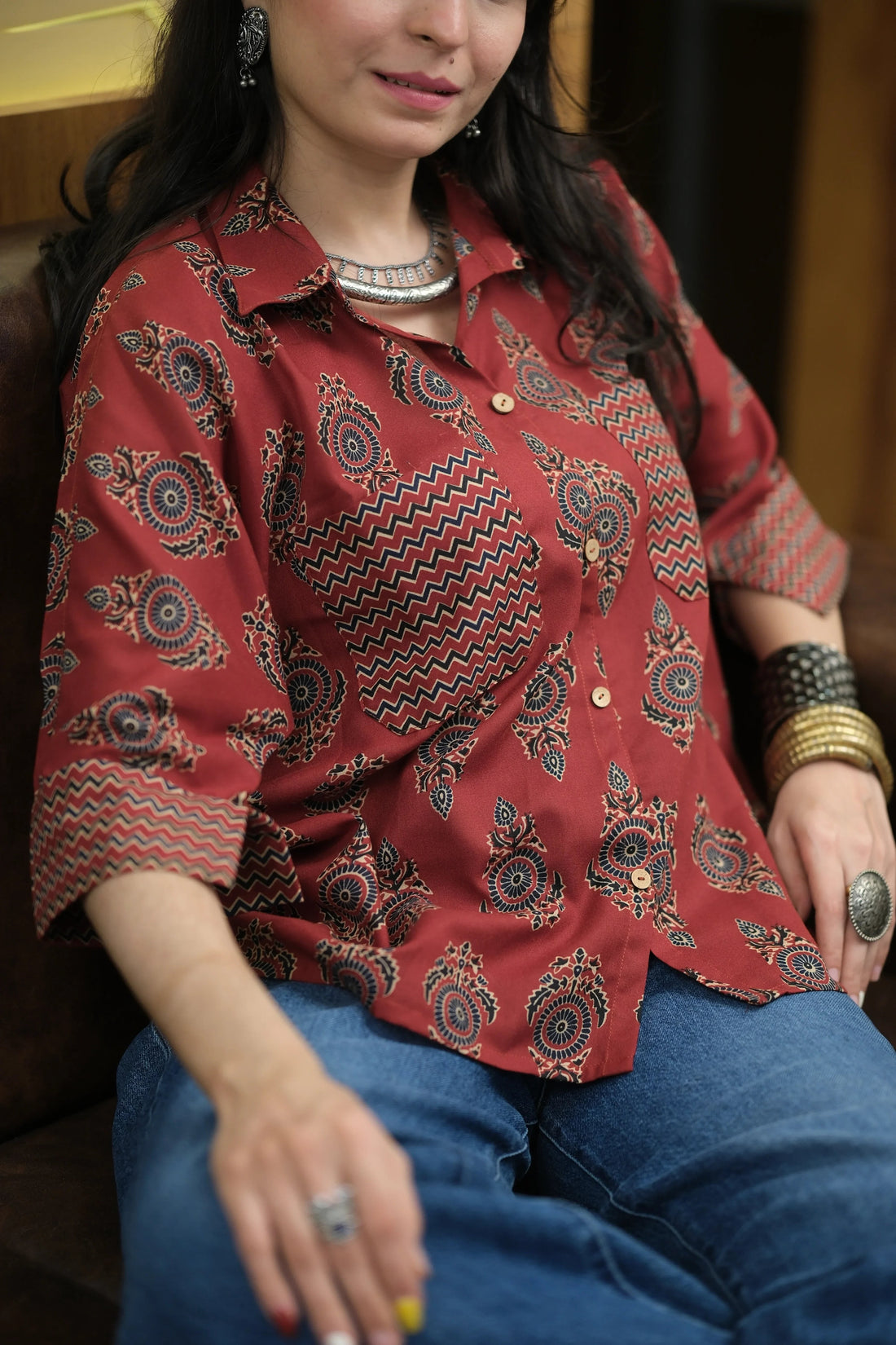 Rust Cotton Blend Printed Shirt Style Top