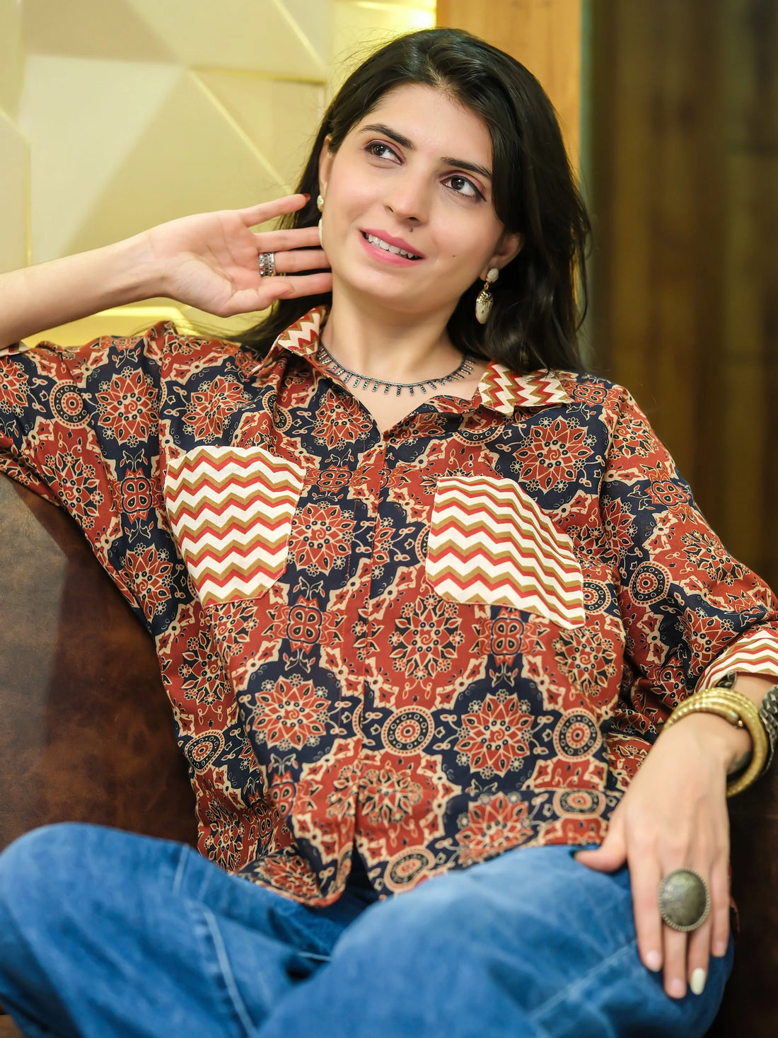 Rust Cotton Blend Ajrak Print Shirt Style Top