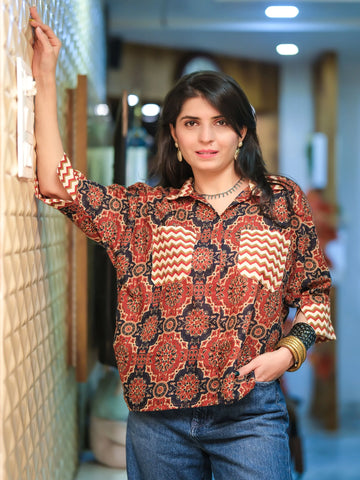 Rust Cotton Blend Ajrak Print Shirt Style Top