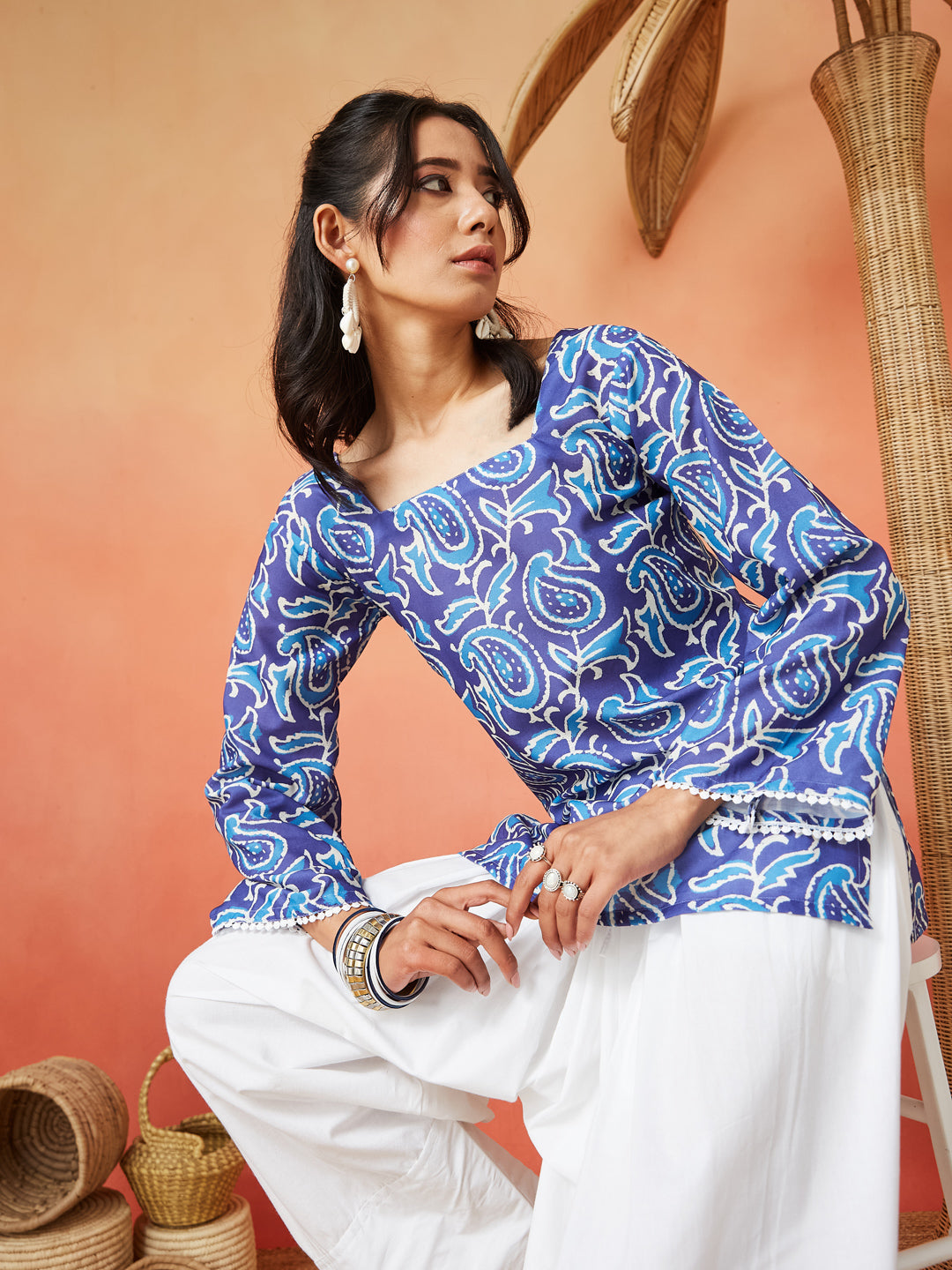 Blue Cotton Blend Printed Square neck Short Kurti