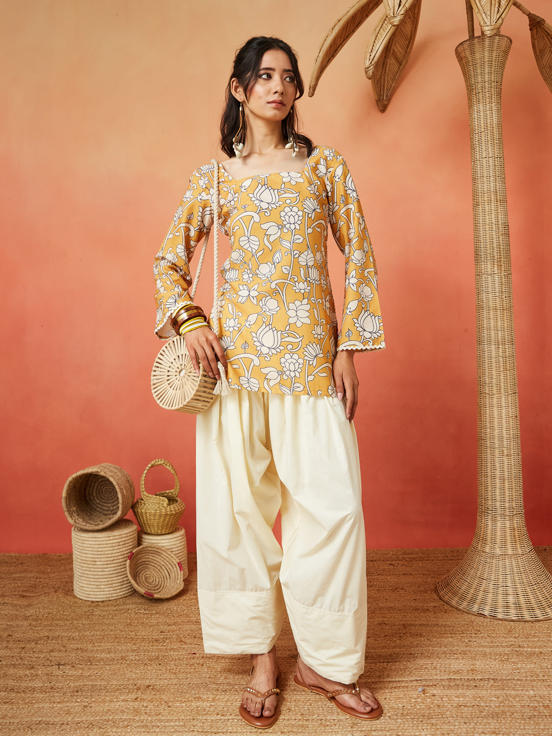 Mustard Cotton Blend Floral Print Straight Kurti